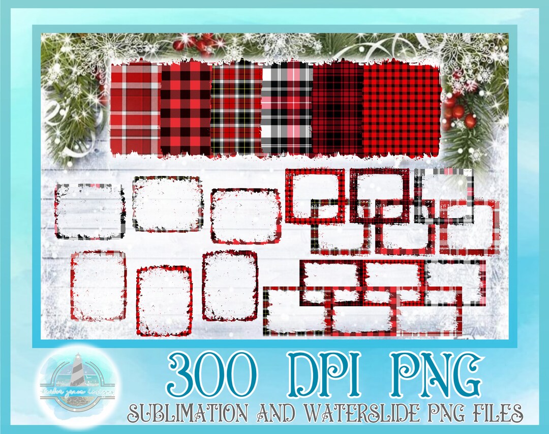 Red and Black Plaid Christmas Frames Grunge Distressed 300 DPI PNG