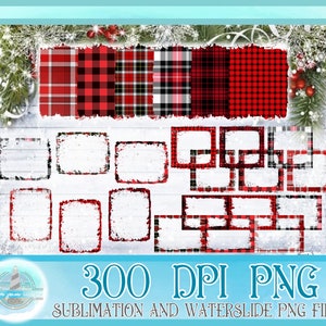 Ensemble d&#39;images PNG 300 DPI, cadre de Noël à carreaux rouge et noir effet vieilli, impression directe sur le vêtement pour un toboggan à sublimation