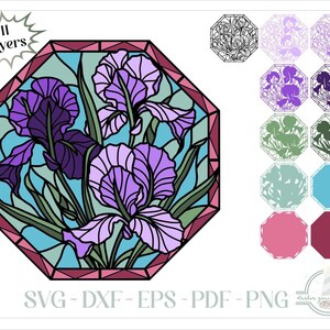 Peut inclure: Un design graphique numérique présentant un motif octogonal de vitrail avec des iris violets et des tiges vertes sur un fond bleu clair. L'image comprend 11 calques, une palette de couleurs et le texte SVG - DXF - EPS - PDF - PNG.