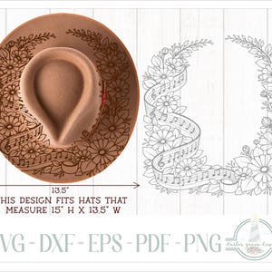 May include: A tan cowboy hat with a floral and musical note design. The hat measures 15 inches high and 13.5 inches wide. The design fits hats that measure 15" H x 13.5" W. The image also includes a floral and musical note design.