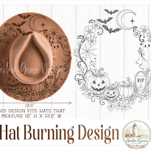 Puede incluir: Un sombrero de fieltro color canela con un diseño de Halloween grabado con láser que incluye un fantasma, calabazas, murciélagos, una luna creciente y una lápida con RIP. Mide 38,1 cm por 34,3 cm. El texto dice Hat Burning Design y Harbor Grace Designs.