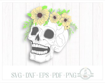 ハロウィンの花付きスカルSVG、スカルSVG、CricutとSilhouette用のSVGファイル