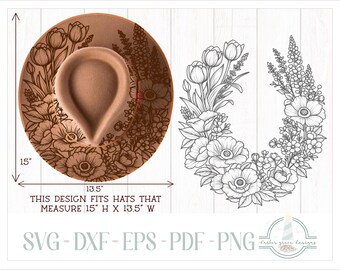 May include: A tan felt hat featuring a dark brown floral line art design of tulips and poppies. The image includes a separate black and white floral illustration, with text stating: This design fits hats that measure 15 inches H x 13.5 inches W.