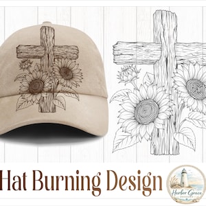 May include: A beige baseball cap featuring a dark brown line art illustration of a wooden cross adorned with sunflowers. Next to the cap is a matching black and white line drawing of the same cross and sunflower design, with the text Hat Burning Design.
