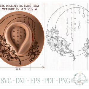 May include: A tan felt hat featuring a black line art design of a crescent moon, hanging teardrop shapes, and floral arrangements. Text states: THIS DESIGN FITS HATS THAT MEASURE 15" H X 13.5" W. File formats listed include SVG, DXF, EPS, PDF, and PNG.