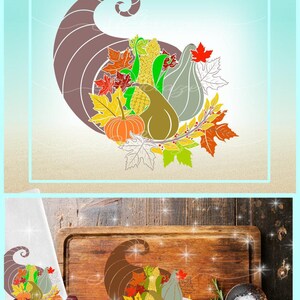 May include: A digital graphic design featuring a brown cornucopia overflowing with colorful autumn harvest elements including an orange pumpkin, a yellow ear of corn, a green gourd, and various red, orange, and green maple leaves.