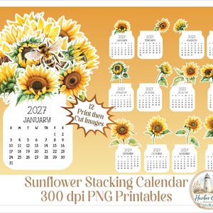 May include: A 2027 printable calendar set featuring twelve monthly pages with sunflower and mason jar illustrations. Each month displays a unique sunflower arrangement, a bee motif, and a calendar grid. The text reads 12 Print then Cut Images.