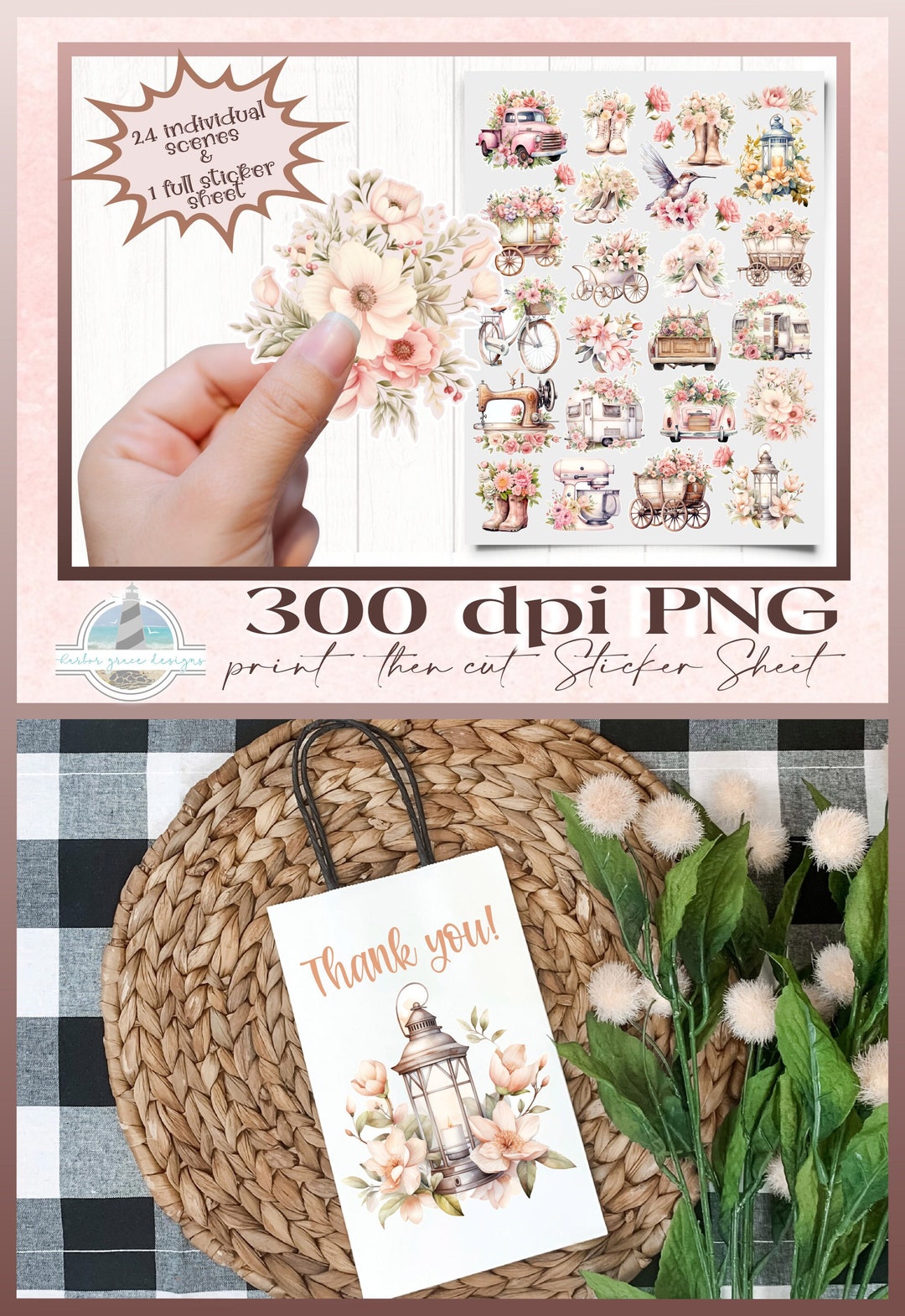 Pink and Beige Vintage Floral Sticker Set - 300 Dpi PNG - Print Then ...