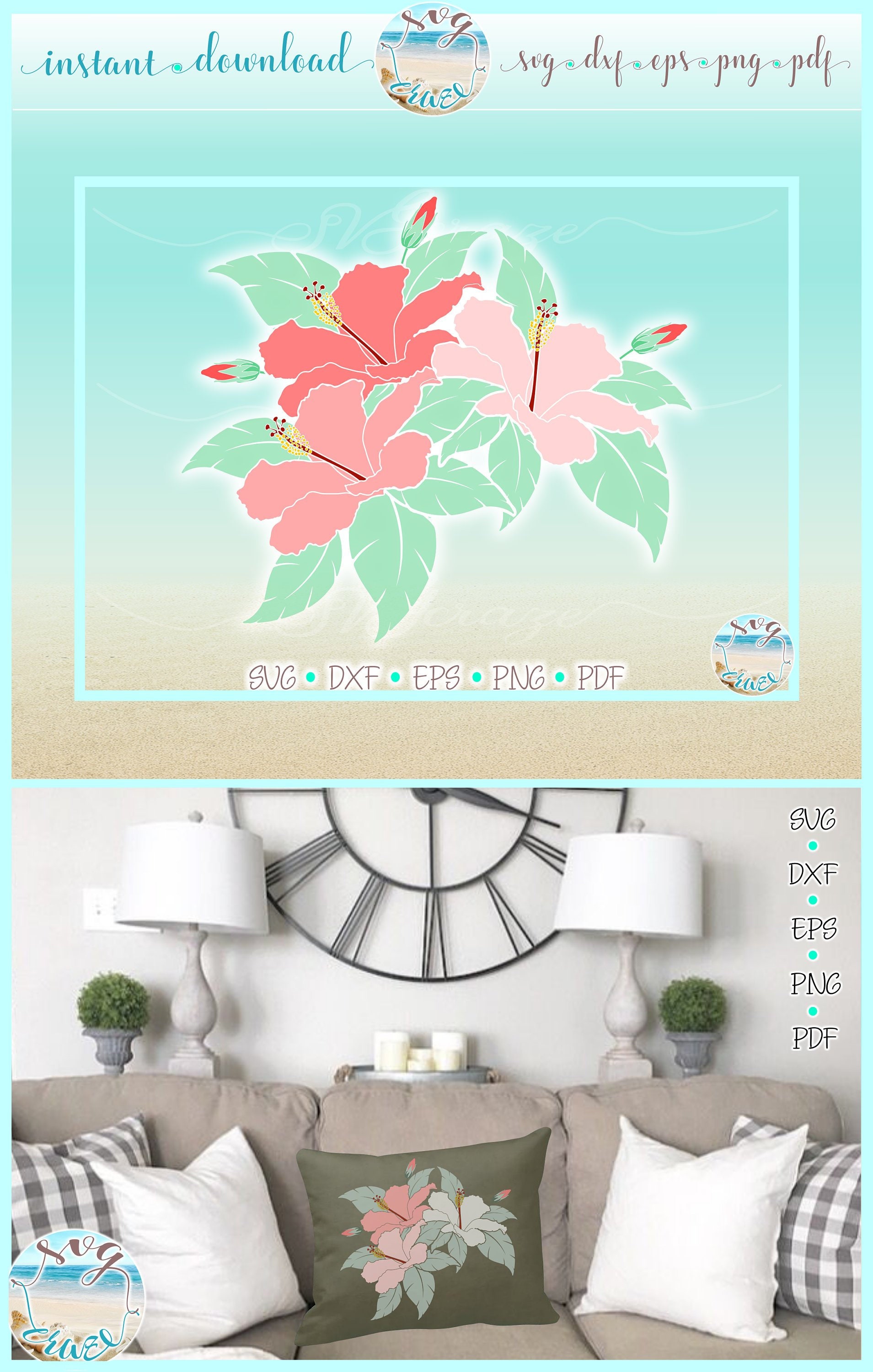 Hibiscus Flowers With Leaves SVG Files for Cricut Silhouette - Dxf Eps ...