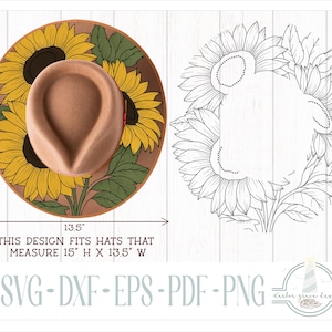 READY TO PRINT - Fits 15&quot;x13.5&quot; hats - Sunflowers Hat Burning Design - For Pyrography - Printable Pdf & Word Doc