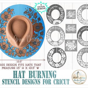 Hat Burning STENCIL Design Bundle - Fits 15"x13.5" hats - Floral Hat Burning Stencil Designs in SVG and PNG file formats only - For Cricut