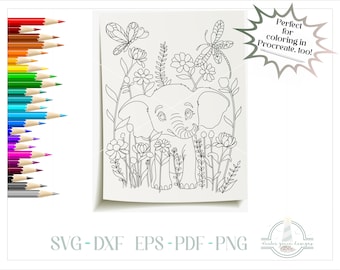 Elephant and Wildflowers Printable Coloring Page, Coloring Book for Kids, 300dpi PNG, PNG Printable, Coloring Page Printable, Coloring Book