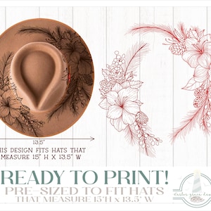 READY TO PRINT - Fits 15&quot;x13.5&quot; hats - Amaryllis and Pine Cones Hat Burning Design - For Pyrography - Printable Pdf & Word Doc