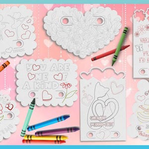 Girls Valentines Day Printable Coloring Cards with Crayon Slots - High Resolution 300 dpi PNG Coloring Cards image 2