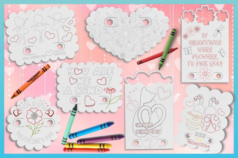 Girls Valentines Day Printable Coloring Cards with Crayon Slots - High Resolution 300 dpi PNG Coloring Cards image 2