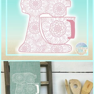 May include: A digital graphic file featuring a stand mixer outline filled with a detailed mandala pattern, presented in pink on a light background, alongside a teal kitchen towel displaying the same white mixer design on a wooden ladder.