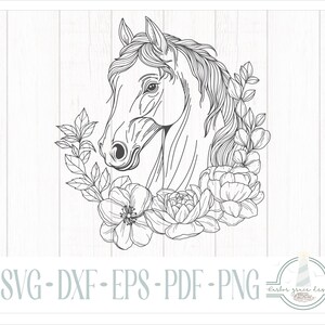 May include: A black and white line art illustration of a horse head surrounded by a floral wreath of leaves and blossoms. Below the graphic, the text reads SVG - DXF - EPS - PDF - PNG, followed by a circular logo for harbor grace designs.