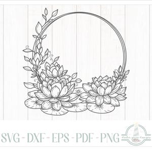 Lotus bloemen ronde monogram naambord SVG-bestanden voor Cricut Silhouette, dxf eps pdf png inbegrepen - lotusbloemen en -bladeren