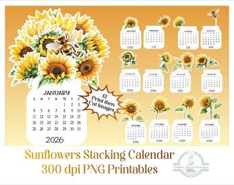 May include: A 2026 printable calendar set featuring twelve monthly pages with watercolour sunflower illustrations and honeybees. Each month is displayed on a white jar-shaped background. The text includes 12 Print then Cut Images, Sunflowers Stacking Calendar, and 300 dpi PNG Printables.