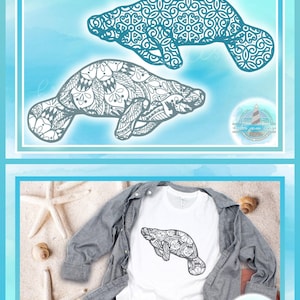 May include: Two digital manatee illustrations featuring intricate mandala-style patterns. One manatee is teal, the other is dark grey. Below, a white t-shirt displays the dark grey manatee design, layered under a grey button-down shirt.