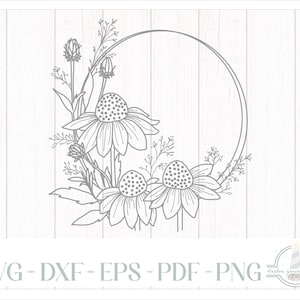 Op de afbeelding: Een zwart-witte lijntekening van een bloemenkrans met een cirkel in het midden. De krans is gemaakt van bladeren, stengels en bloemen. De bloemen zijn gestileerd en hebben een madeliefje-achtig uiterlijk.