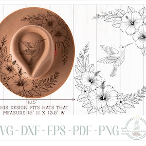 May include: Tan hat with a hummingbird and floral design. The hat measures 15 inches high and 13.5 inches wide. A separate black and white floral hummingbird design is also shown. The image includes the text: "THIS DESIGN FITS HATS THAT MEASURE 15" H X 13.5" W".