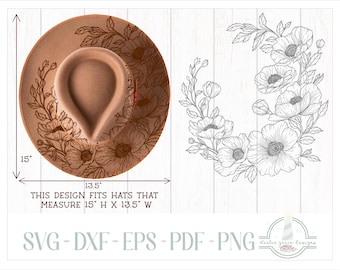 READY TO PRINT - Fits 15"x13.5" hats - Poppies Hat Burning Design - For Pyrography - Printable Pdf & Word Doc
