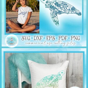 May include: A white t-shirt and a white throw pillow, both featuring a teal and blue floral patterned sea turtle graphic. The image includes the text SVG, DXF, EPS, PDF, PNG, and commercial use cutting files, showcasing the digital design.