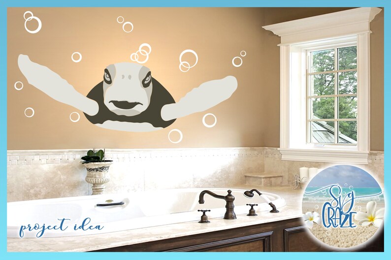 May include: A bathroom with a bathtub and a window. A turtle with white bubbles is on the wall. The text "project idea" is on the counter below the bathtub. A round sticker with the text "Sig Craze" is on the wall next to the window.