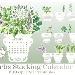 May include: A 2026 printable calendar set featuring watercolor illustrations of various green herbs in white pots. Each month is represented by a different herb, with the text UPDATED 2026 VERSION! displayed on a starburst graphic.