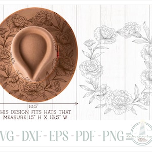 Könnte beinhalten: Ein beigefarbener Fedora-Hut mit einem dunkelbraunen floralen Linienmuster auf der Krempe und einer passenden Blumenkranz-Grafik. Der Text gibt an, dass das Design für Hüte mit 38,1 cm Höhe und 34,3 cm Breite passt, inklusive SVG, DXF, EPS, PDF und PNG.
