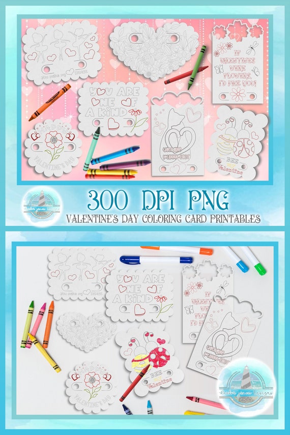 Girls Valentines Day Printable Coloring Cards with Crayon Slots - High Resolution 300 dpi PNG Coloring Cards