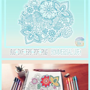 May include: A digital graphic file featuring a complex floral mandala line art design in cyan. Below, a spiral-bound sketchbook displays the same design partially colored with markers in red, yellow, green, and purple, alongside several colored pens.