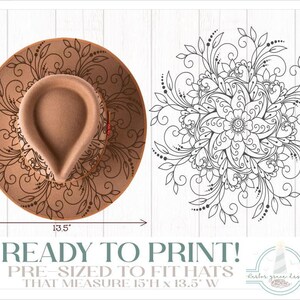 May include: A tan hat featuring a black floral mandala design, accompanied by a matching black line art graphic. The image includes dimension arrows indicating a height of 15 inches and a width of 13.5 inches, with text stating READY TO PRINT!