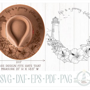 May include: A tan felt hat featuring a black line art design of a lighthouse, hibiscus flowers, and the text 'life is a journey...follow the light'. The image includes dimension arrows indicating 15 inches high by 13.5 inches wide.