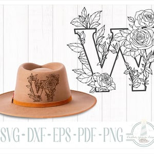 Diseño de sombrero para quemar con la letra W de la serie de rosas del alfabeto - Para pirograbado - Archivos SVG para Cricut Silhouette - Dxf, Eps, Pdf y Png incluidos