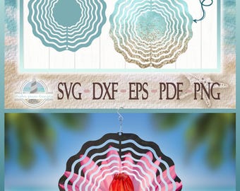 May include: A digital wind spinner template featuring a scalloped circular design in solid blue and a textured blue-and-gold gradient version. The image includes the text Wind Spinner Template, Add your own art, and SVG, DXF, EPS, PDF, PNG.