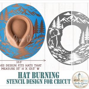 Puede incluir: Una plantilla circular para quemado de sombreros para Cricut con un oso, montañas y pinos. El diseño se muestra en azul y gris, con dimensiones de 15 pulgadas de alto por 13.5 pulgadas de ancho. Texto: THIS DESIGN FITS HATS THAT MEASURE 15" H X 13.5" W, HAT BURNING STENCIL DESIGN FOR CRICUT, Harbor Grace Designs.