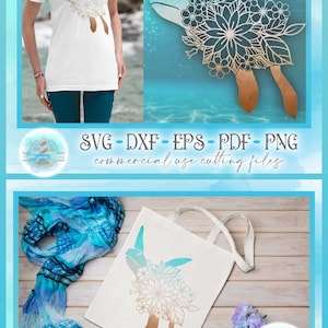 May include: A white t-shirt and a white tote bag featuring a graphic of a sea turtle with a floral mandala shell design. The turtle graphic transitions from a teal color at the head to a copper color at the flippers. Text reads SVG-DXF-EPS-PDF-PNG.