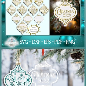 May include: A collection of digital ornament designs in an arabesque shape featuring gold and teal text such as Glory to the Newborn King, Peace on Earth, Deck the Halls, Tis the Season, Let it Snow, Jingle Bells, Silent Night, and Christmas 2022.