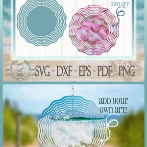 May include: A digital wind spinner template featuring a scalloped circular design. The graphic includes the text Wind Spinner Template and Add your own art, along with file formats SVG, DXF, EPS, PDF, and PNG. Examples show a rose petal pattern.