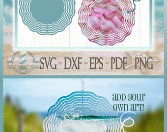 May include: A digital wind spinner template featuring a scalloped circular design. The graphic includes the text Wind Spinner Template and Add your own art, along with file formats SVG, DXF, EPS, PDF, and PNG. Examples show a rose petal pattern.