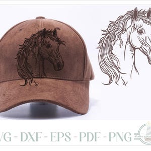 May include: A brown baseball cap featuring a dark brown line art illustration of a horse head with a flowing mane. To the right, the same horse head illustration is displayed separately. The text SVG - DXF - EPS - PDF - PNG appears below.