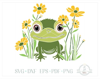 Whimsical Frog With Wildflowers SVG, SVG Files for Cricut Silhouette Paper Crafting, Laser