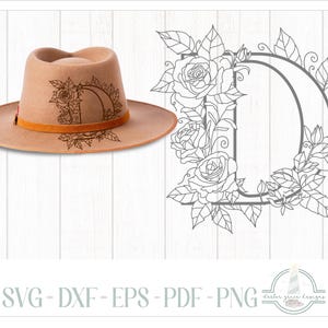 Design de chapéu em chamas com letras do alfabeto D e rosas - para pirografia - arquivos SVG para Cricut Silhouette - Dxf Eps Pdf PNG incluído