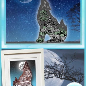 May include: A digital design file featuring a wolf silhouette filled with intricate mandala patterns, pine trees, and a crescent moon. The graphic includes text labels for SVG, DXF, PNG, EPS, and PDF formats, with a second view showing the wolf art framed.