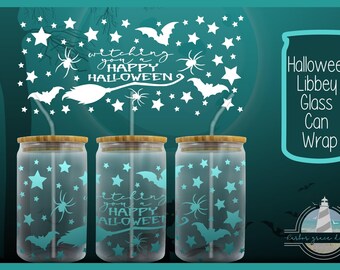 May include: Three frosted glass cans with bamboo lids and clear straws, featuring a teal Halloween design with stars, bats, spiders, a broomstick, and the text "witching you a HAPPY HALLOWEEN". The design is displayed as a flat wrap above the glasses.