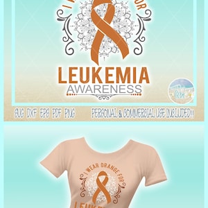 Op de afbeelding: Een digitaal grafisch ontwerp met een oranje bewustwordingslint gecentreerd over een wit mandalapatroon met de tekst I WEAR ORANGE FOR LEUKEMIA AWARENESS. Daaronder toont een perzikkleurig t-shirt dezelfde afbeelding op de borst.