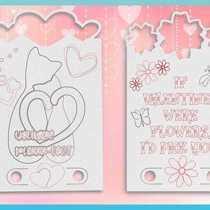 K&ouml;nnte beinhalten: Zwei druckbare Valentinstagskarten. Die erste Karte zeigt eine Katze mit einem Herzen und dem Text "You are purr-fect". Die zweite Karte zeigt Blumen und Schmetterlinge mit dem Text "If Valentines were flowers, I'd pick you!"
