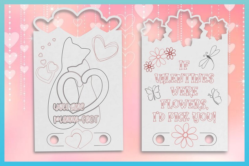 K&ouml;nnte beinhalten: Zwei druckbare Valentinstagskarten. Die erste Karte zeigt eine Katze mit einem Herzen und dem Text "You are purr-fect". Die zweite Karte zeigt Blumen und Schmetterlinge mit dem Text "If Valentines were flowers, I'd pick you!"